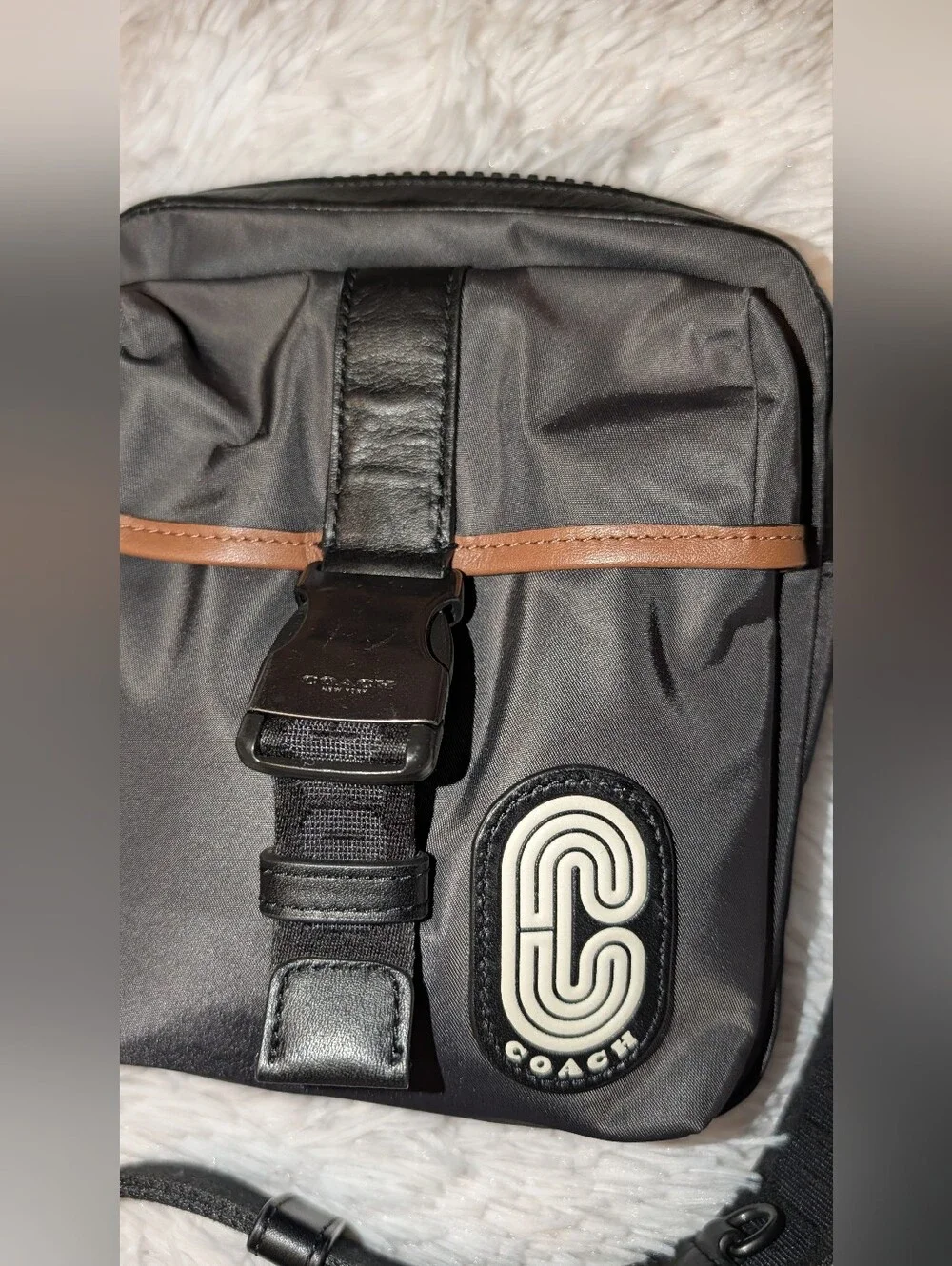 Coach Max Crossbody Bag C9836 Nylon Leather Black Brown GUC